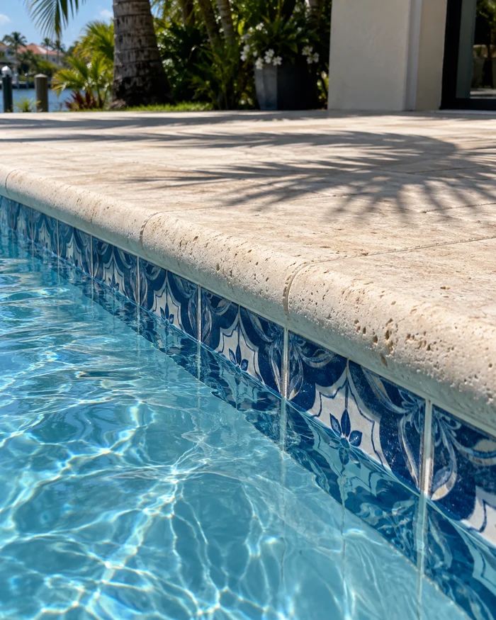 New blue and white waterline tile set under travertine coping around a backyard pool